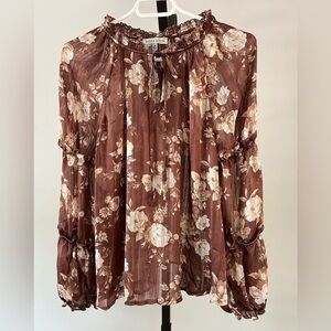 Moon River Floral Print Long Sleeve Blouse, Size Medium, Colour Brown.